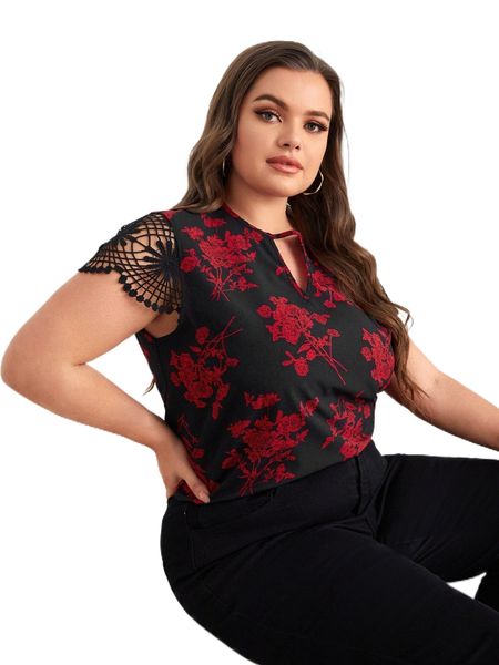 

plus keyhole neck lace sleeve floral print t6gy#, Black
