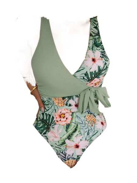 

tropical print knot side belted one piece swimsuit 50k9#, White;black