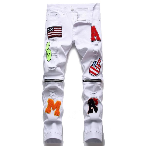 Slim Fit Jeans Branco Perna Straight Homens Badge Alta Qualidade Regular Algodão Jean Pant Hip Hop Casual Grande Calças