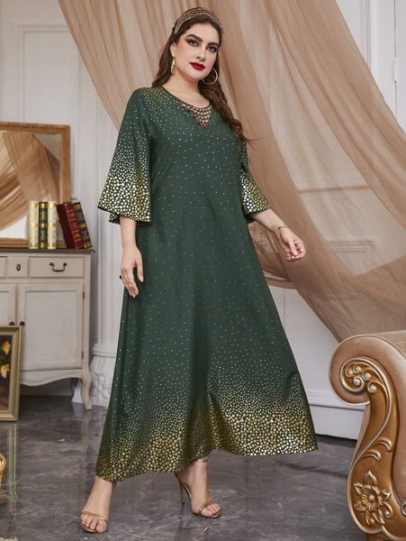 

plus gold geo print metal decor trumpet sleeve tunic dress b9ze#, Black