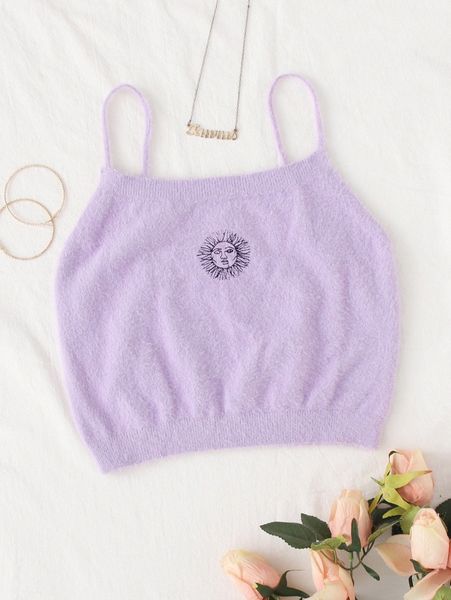 

figure embroidery fuzzy knot shoulder cami knit 84xl#, White;black