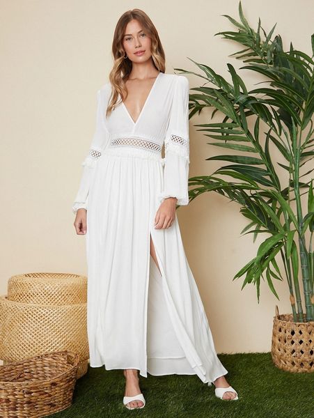 

contrast guipure lace tassel trim lantern sleeve slit thigh dress t4s5#, Black;gray