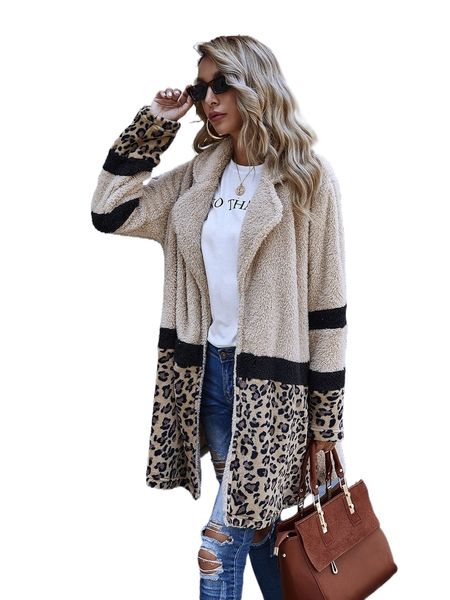 

leopard print open front teddy coat j5vq#, Black