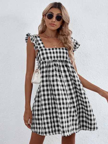 

gingham print ruffle armhole dress r3jd#, Black;gray