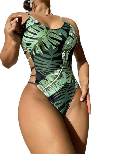 

tropical print cut-out side one piece swimsuit g2hf#, White;black