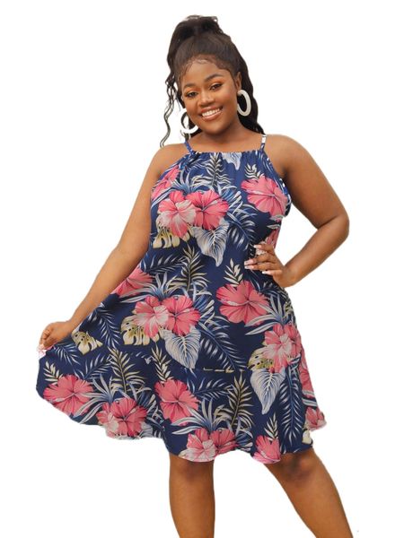 

plus tropical print ruffle hem knot front dress 06kg#, Black