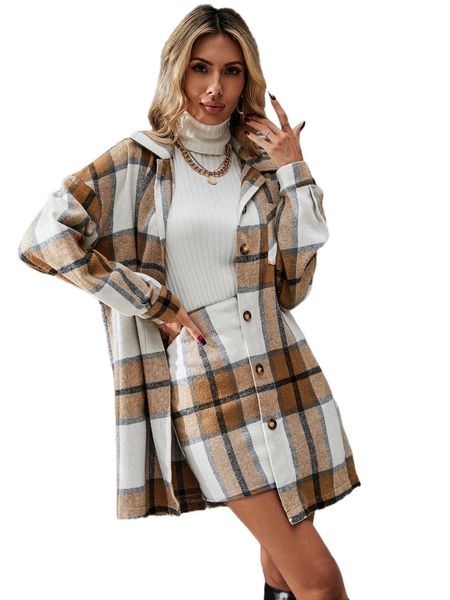 

plaid print button front overcoat & skirt y8iu#, White