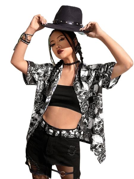 

romwe gothic grunge skull print button front blouse without tube h0vi#, White