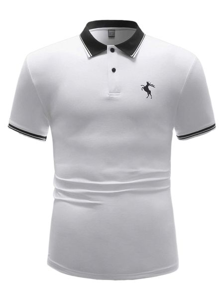 

men elk print striped trim polo shirt b1rm#, White;black