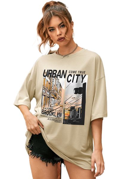 

building & letter graphic drop shoulder tee q04z#, White