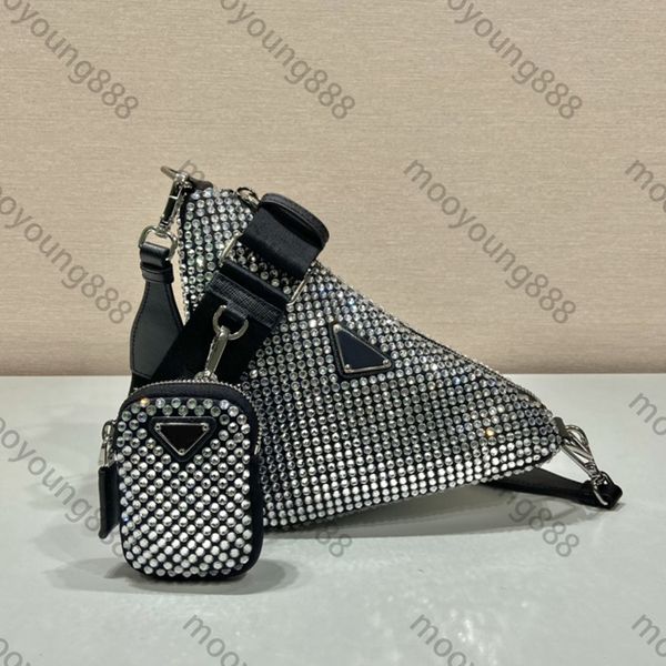 

10a tier quality luxuries designers 26cm triangle bag womens zipper flash diamond handbag 2 pieces black coin purse crossbody white shoulder