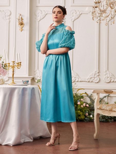 

cold shoulder mesh embroidery dress i2mx#, Black;gray