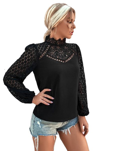 

contrast guipure lace mock neck lantern sleeve blouse i9xy#, White