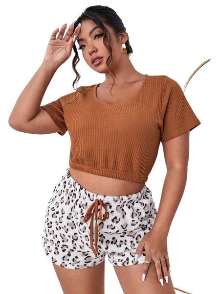 

plus leopard pattern waffle knit tie front pj set e74m#, Black;white