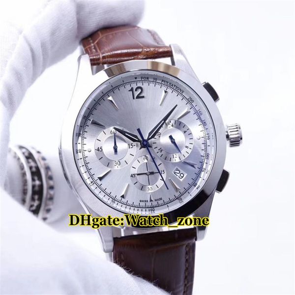 

new master control q1538420 1538420 white dial silver case quartz chronograph mens watch leather strap wristwat231c, Slivery;brown