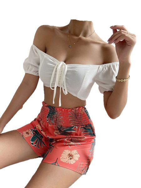 

off shoulder drawstring crop & tropical print frilled shirred waist shorts y1a2#, White