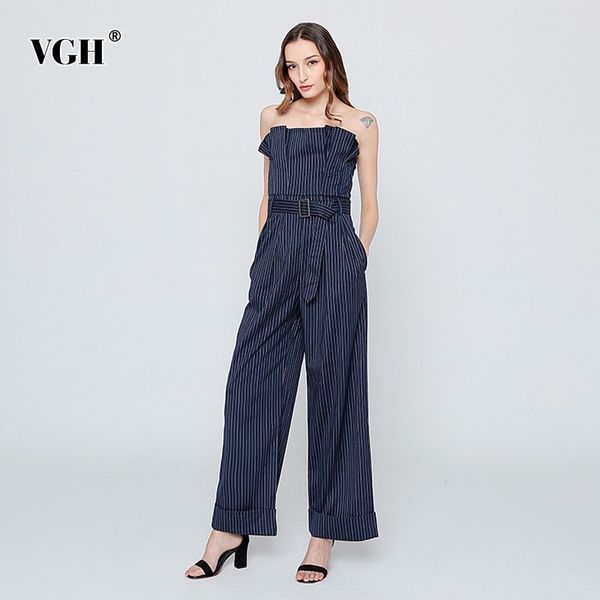 

stripe jumpsuit for women off shoulder backless ruffle sleeveless high waist belt wide leg pants female spring 210507, Black;white