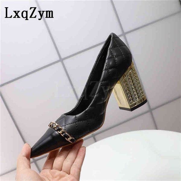 

sandals spring women high chunky heels autumn shoes genuine leather pointed toe single lady women dress runway show, Black