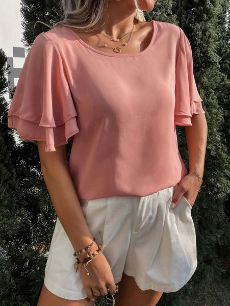 

layered butterfly sleeve cut out back blouse y4l1#, White