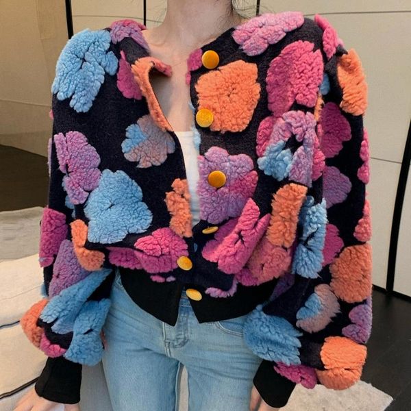 Vintage 3D Blumen Strickjacke Kurze Jacke Frauen Koreanische Langarm Mantel Herbst Winter Elegante Outwear Top