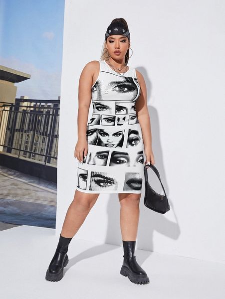 

plus eyes print bodycon dress c1v5#, Black