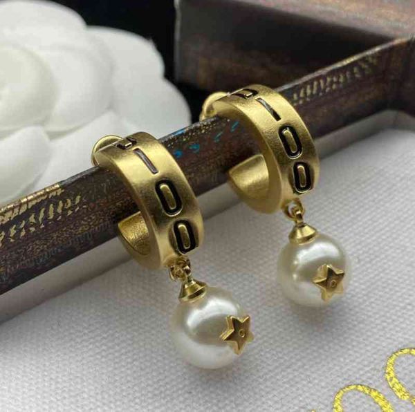 

2022 new letters pearl tassel earrings women's versatile brass material us design jewelry, Golden