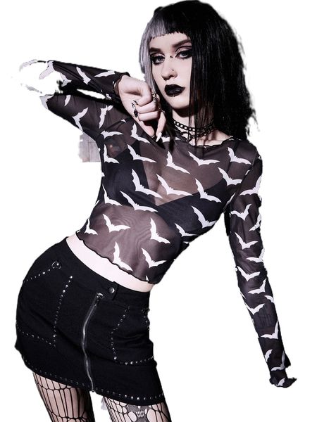 

bat print lettuce trim sheer mesh without bra k6kp#, White