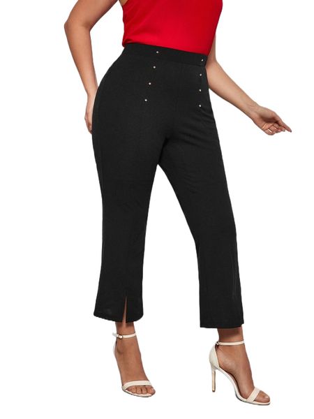 

plus rhinestone detail split hem flare leg cropped pants 35la#, Black