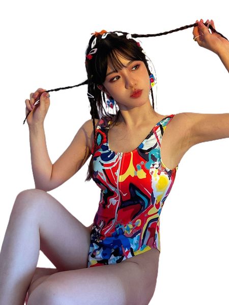 

random allover print zip front one piece swimsuit p4i0#, White;black