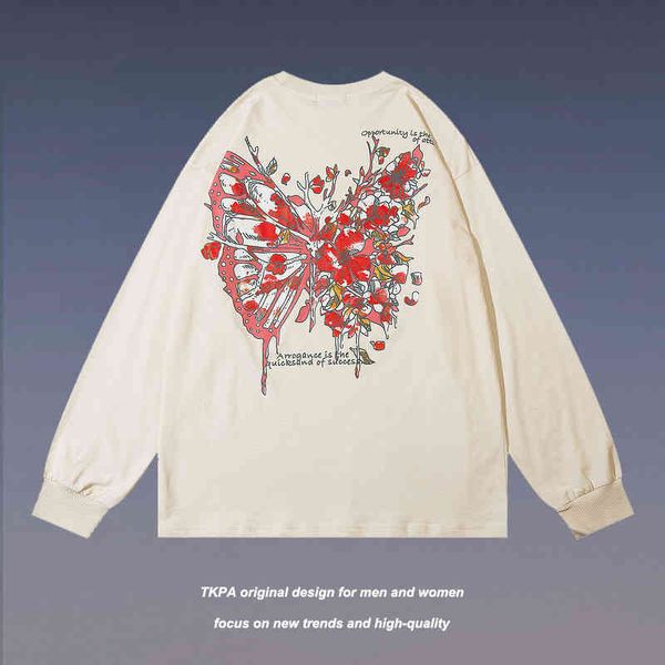

tkpa high street hip hop dark black butterfly print long sleeve t-shirt men's loose national fashion sweater ins