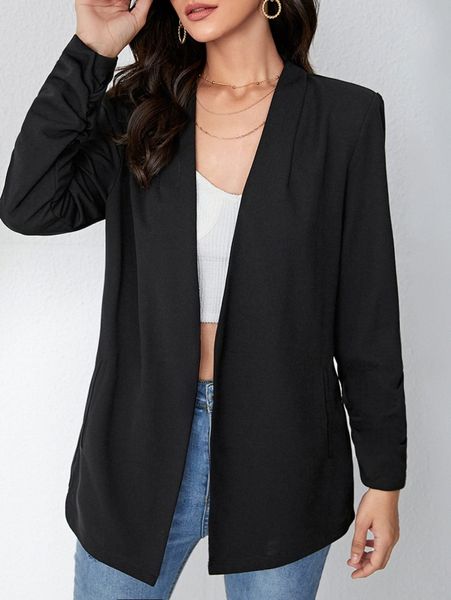 

solid ruched sleeve open front blazer p3vt#, White