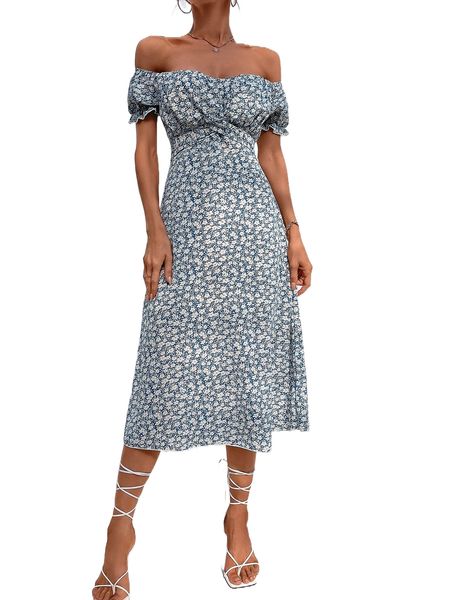 

ditsy floral off shoulder puff sleeve tie back dress b4t3#, Black;gray