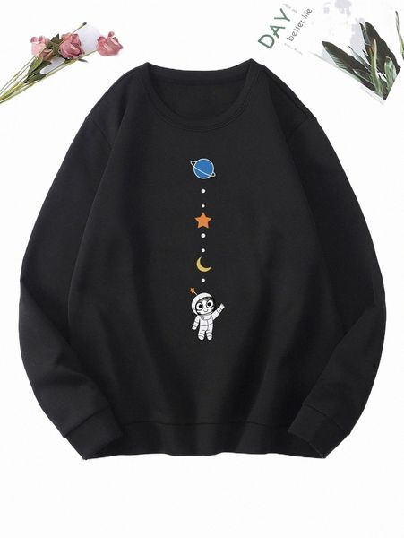 

cartoon astronaut & planet print thermal lined pullover 87ob#, Black