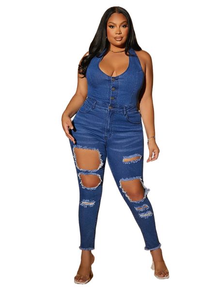 

sxy plus scoop neck ripped raw hem denim overalls d5tx#, Black;white