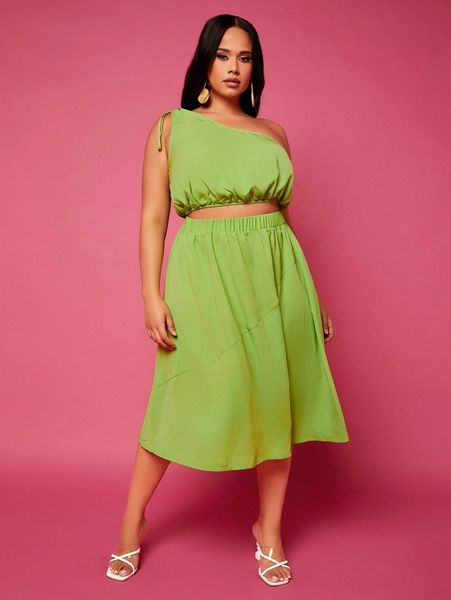 

plus drawstring one shoulder crop & skirt v8wb#, Black