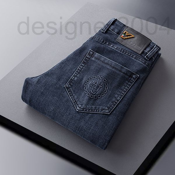 

men's jeans designer european brand spring jeans men's elastic embossed small straight tube slim fit korean fashion pants gqp7, Blue