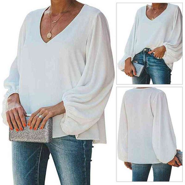 

casual women solid color long sleeve v neck chiffon loose blouse l220705, White