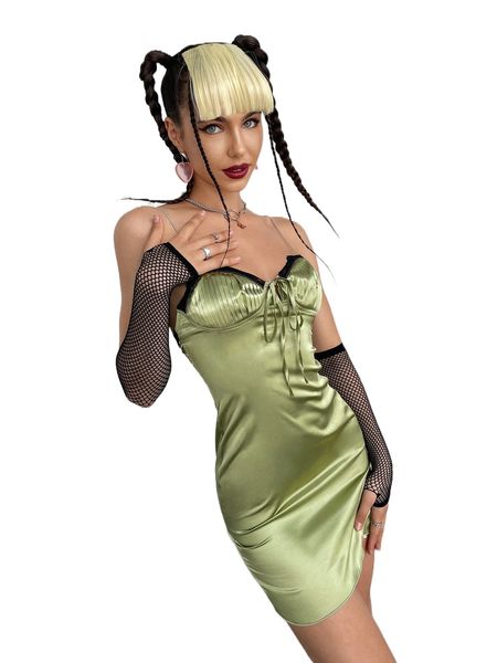 

lace trim pleated bust tie front satin bodycon dress r0xh#, Black;gray