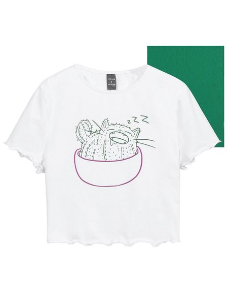 

x carolee karpell cartoon graphic lettuce trim tee h1pl#, White