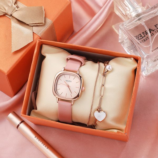 

korean version of small fresh 2 piece watch set titanium steel double heart bracelet pu leather quartz watch gift d3, Slivery;brown