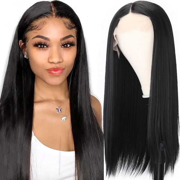 

lx brand silky straight lace front wig t part synthetic lace front wig for women burgundy ginger lace wig pre plucked heat resistant hairfac, Black