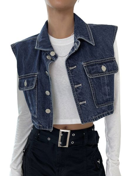 

dazy 1pc flap pocket button front crop denim shirt s9da#, White