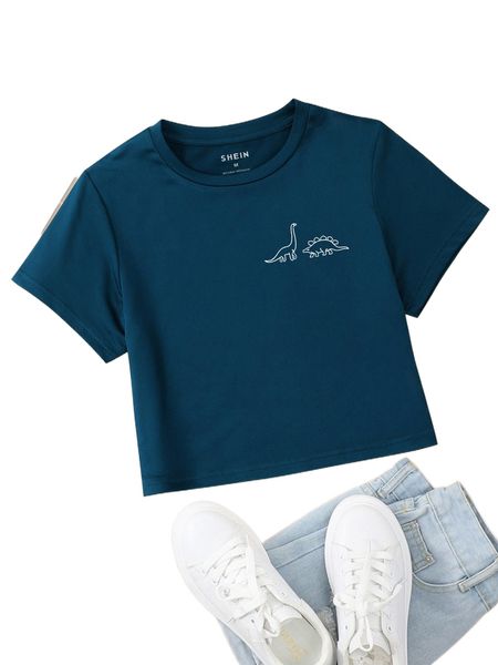 

dinosaur print round neck tee v2oe#, White