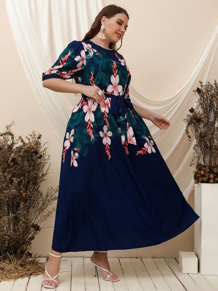 

plus floral print puff sleeve belted dress p3m4#, Black