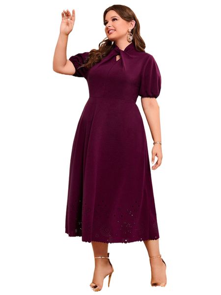 

plus twist neck laser cut scallop trim puff sleeve dress d9fu#, Black