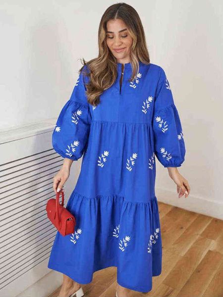 

elegant women summer embroidered cotton dress ladies chic o neck puff sleeve midi dress l220714, Black;gray