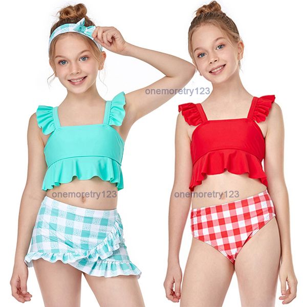 Модный клетчатый купальник из двух предметов для девочек, дизайнерский комплект бикини с воланами, От 2 до 12 лет, детские летние удобные купальники, 2 стиля, 3 цвета