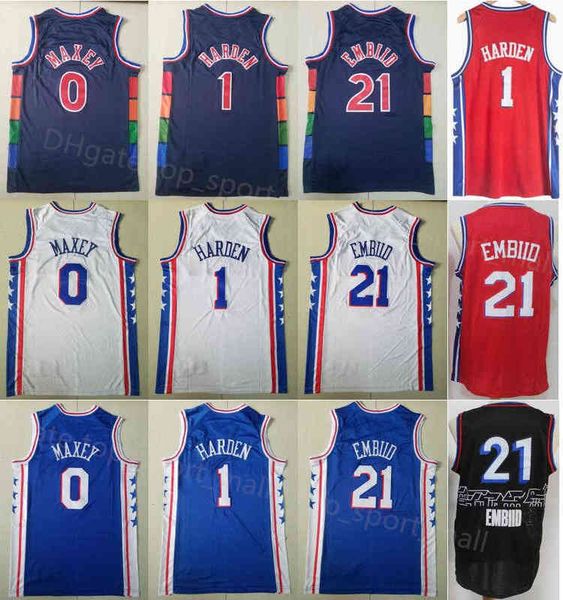 

men stitched good tyrese maxey jersey 0 james harden 1 joel embiid 21 basketball jerseys 75th anniversary navy red white blue sport shirt un, Black