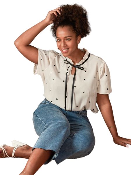 

frenchy plus heart print ruffle trim tie neck blouse 14zk#, Black