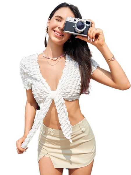 

textured tie front crop h6c1#, White